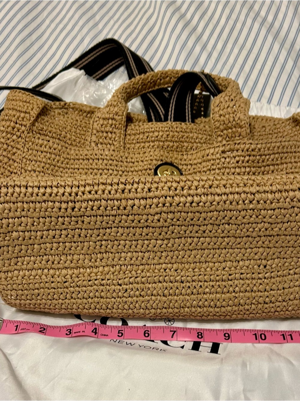 Coach Tan Woven Straw Tote with Brown Leather Patch - Picture 4 of 10